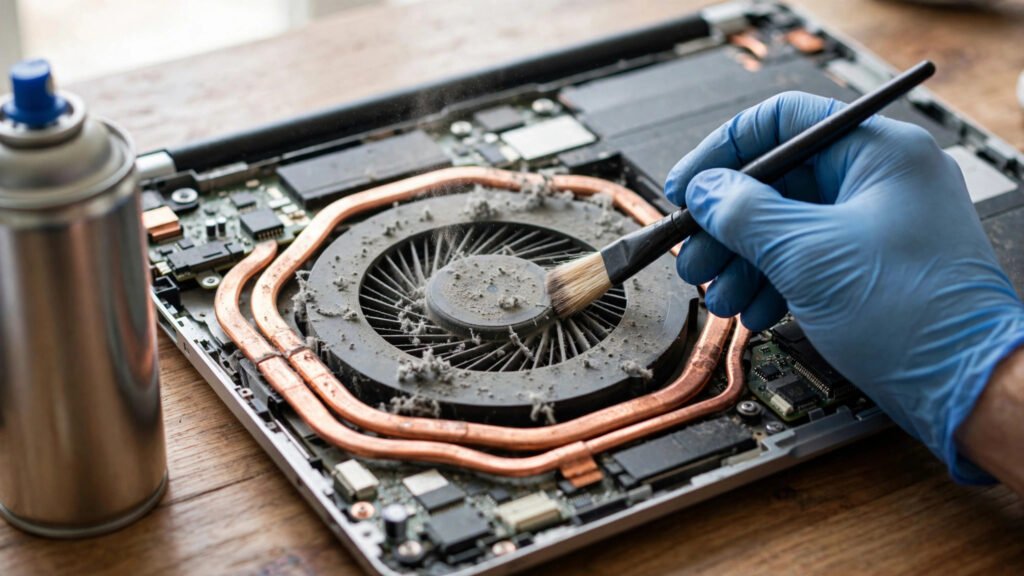 Technician cleaning a dusty laptop cooling fan with a brush and compressed air