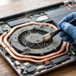 Technician cleaning a dusty laptop cooling fan with a brush and compressed air